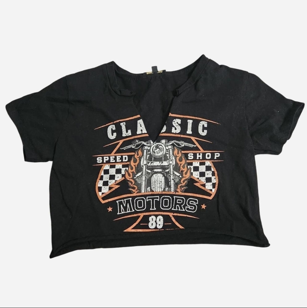 Black Graphic Crop Top with Motorcycle Design